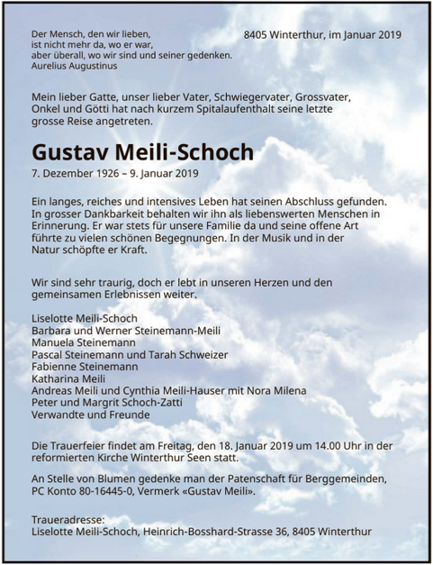 Todesanzeige Gustav Meili-schoch