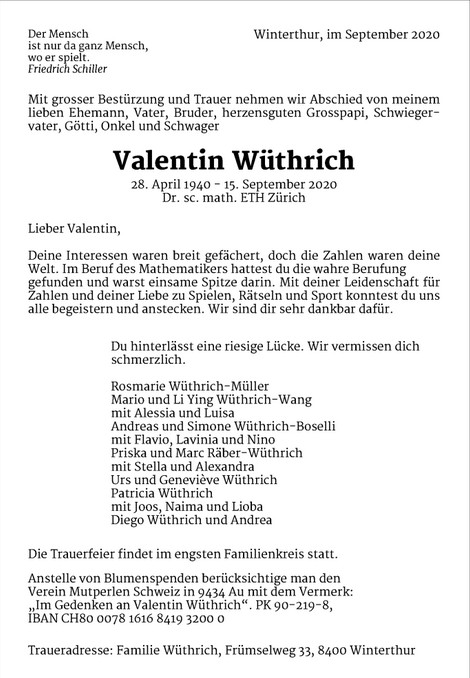 Todesanzeige Valentin Wüthrich