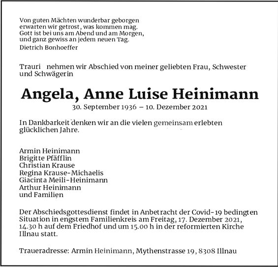 Todesanzeige Angela Heinimann