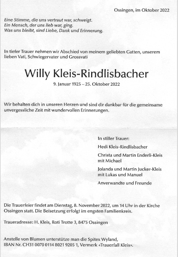Todesanzeige Willy Kleis