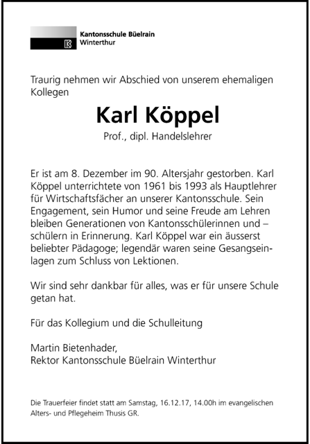 Traueranzeige, Karl Köppel